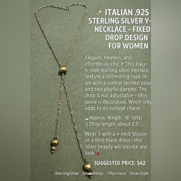 ITALIAN .925 STERLING SILVER Y-NECKLACE – FIXED DROP DESIGN FOR WOMEN - Picture 1 of 17